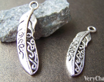 10 pcs of Antique Silver Filigree Feather Charms 10x38mm A4193