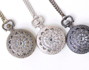 1 PC Antique Bronze / Platine / Gunmetal Noir Steampunk Filigree Round Pocket Watch 27mm / 40mm / 47mm