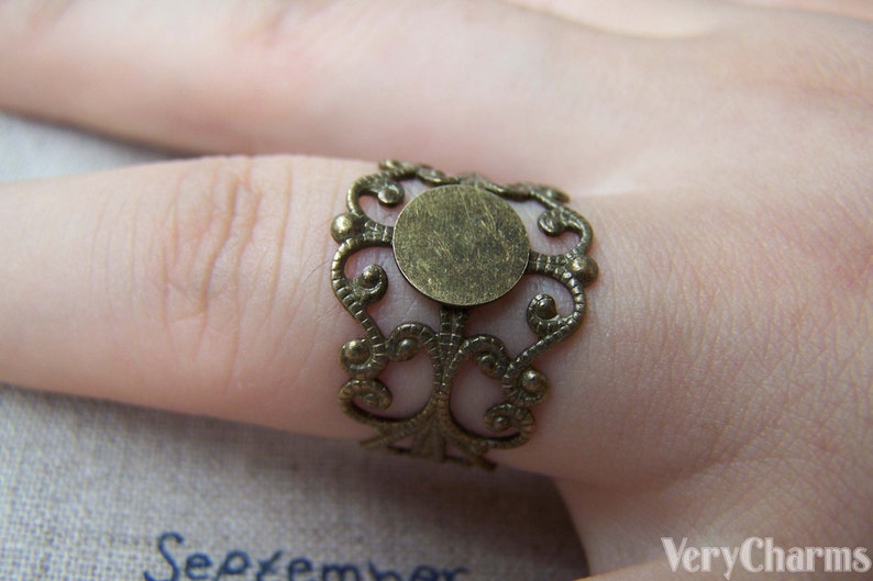 10 pcs Antique Bronze Brass Adjustable Filigree Flower Ring Bases with 8mm Pad A3884
