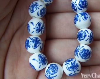 20 pcs Hand Painted Chinese Blue Porcelain Ceramic Beads 10mm  A1864