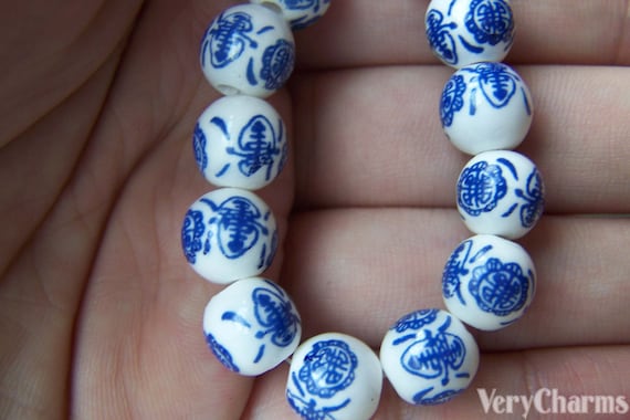 20 pcs Hand Painted Chinese Blue Porcelain Ceramic Beads 10mm  A1864
