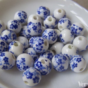 20 pcs Blue Flower Porcelain Ceramic Beads 10mm A4554