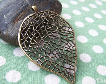 2 pcs Antique Bronze Filigree Large Leaf  Pendant 46x64mm A2814