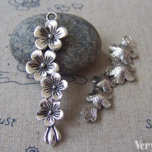 10 pcs of Antique Silver Chinese Plum Blossom Flower Charms Pendants 15x57mm A3599
