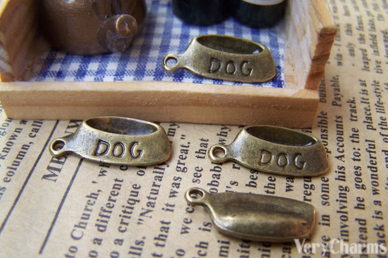 Dog Food Bowl Antique Bronze Charms 9x20mm Set of 10 A1197