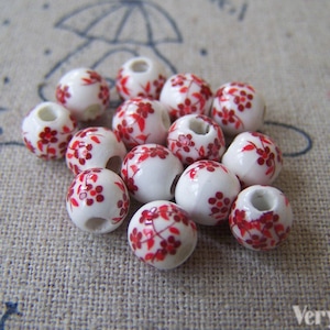 20 pcs Red Flower Chinese Ceramic Porcelain Beads 6mm A567