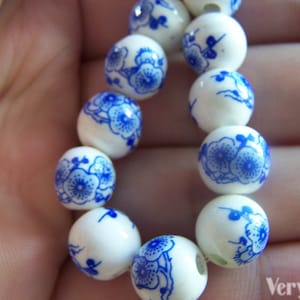 20 pcs Blue Peony Flower Ceramic Porcelain Beads 10mm A1862