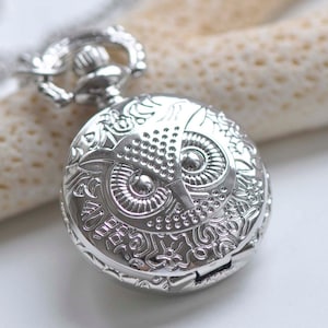 1 PC Platinum Silvery Gray Owl Pocket Watch 27mm A3614