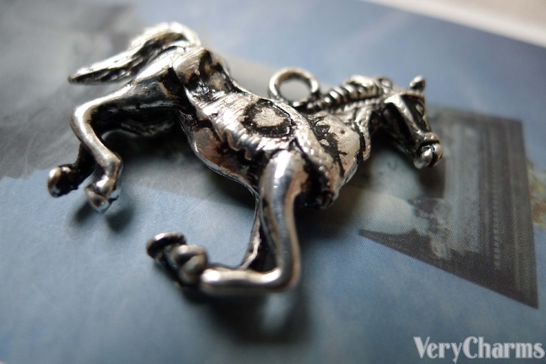 May include: A silver-colored horse pendant in a rearing pose. The detailed charm features a textured surface and a small loop for attaching to a necklace or bracelet. The horse is a symbol of freedom and power.