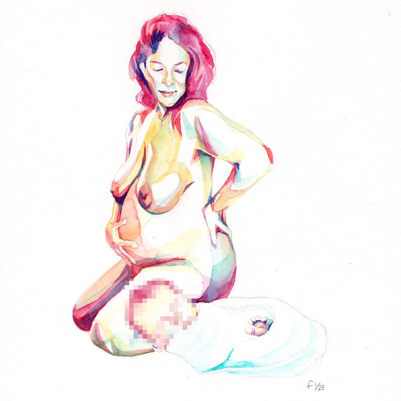 Peut inclure: Peinture &agrave; l'aquarelle d'une personne enceinte &agrave; genoux, se tenant le ventre, avec un b&eacute;b&eacute; envelopp&eacute; dans une couverture. L'&oelig;uvre pr&eacute;sente une palette de teintes roses, jaunes et bleues, avec la signature et la date de l'artiste en bas &agrave; droite.
