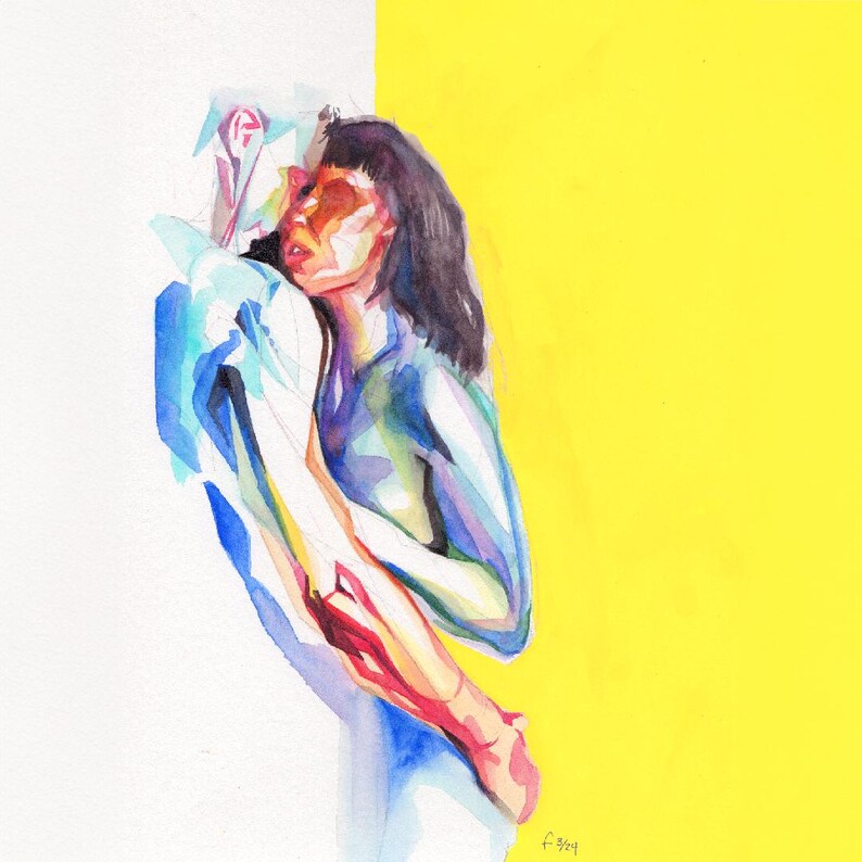 Peut inclure: Peinture &agrave; l'aquarelle de deux figures s'embrassant, sur fond blanc et jaune. Les personnages sont rendus dans des tons de bleu, de rouge et de jaune, avec des coups de pinceau visibles. L'&oelig;uvre &eacute;voque l'intimit&eacute; et l'&eacute;motion.