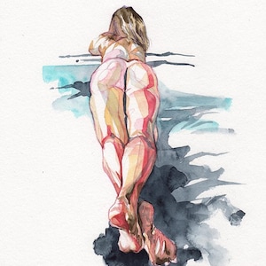 Peut inclure: Peinture &agrave; l'aquarelle d'une figure vue de dos, allong&eacute;e. Les tons de peau sont rendus dans des nuances de rose et de rouge, avec des ombres bleues et grises. L'&oelig;uvre est sign&eacute;e et dat&eacute;e.