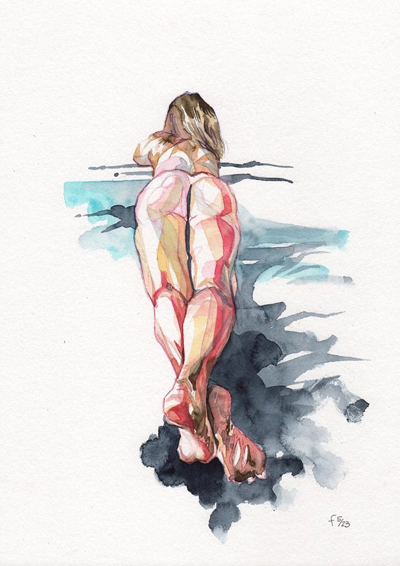 Peut inclure: Peinture &agrave; l'aquarelle d'une figure vue de dos, allong&eacute;e. Les tons de peau sont rendus dans des nuances de rose et de rouge, avec des ombres bleues et grises. L'&oelig;uvre est sign&eacute;e et dat&eacute;e.