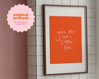 You Me and a Cuppa Tea Print, Colourful Kitchen Wall Art, Tea Lover Gift, Digital Download