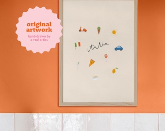 Italy Wall Art Print, Illustrated Italian Travel Poster, Colourful Digital Download