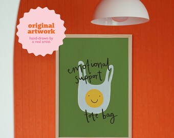 Emotional Support Tote Bag Print, Funny Green Wall Art, Colourful Smiley Poster, Digital Download
