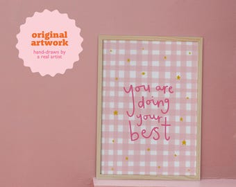 You Are Doing Your Best Print, Pink Gingham Wall Art, Positive Quote Poster, Digital Download