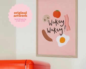 Wakey Wakey Breakfast Print, Pink Kitchen Wall Art, Colourful Digital Download