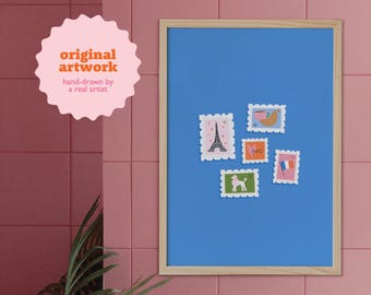 Paris Wall Art Print, Colourful French Travel Poster, Illustrated Postage Stamp Art, Digital Download