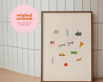 New York Wall Art Print, Illustrated NYC Travel Poster, Colourful Digital Download