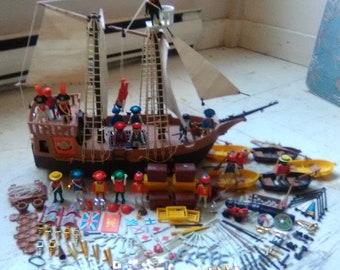 Large Lot Vintage Playmobil Pirate Ship with Boats Treasure and Pirates