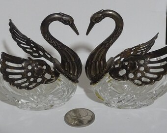 Vintage Schwan Zuckerschalen EP Silber und Kristall