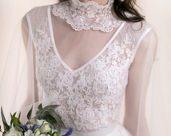 Wedding Cape - Bridal Capelet with Lace High Neck - Bride Dress Cover Up - Shoulder Cover Up
