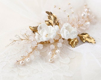 Floral Bridal Hair Comb with Natural Silk Flowers and Swarovski crystal - Bridal Hair Accessory - Flower Wedding Headpiece - Rose Gold Comb