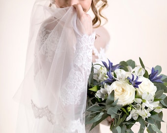 Long Bridal Veil - Two-Tier Blusher Veil with Narrow Lace Trim - Wedding Veil