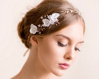 Bridal Hair Vine - Delicate Wedding Headband - Crystal Hair Piece with Silk Flowers - Floral Halo - Gold Acessories - Wreath