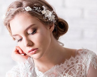 Bridal Headpiece Rhinestone Chain and Sakura Blossom - Wedding Headband Rhinestone - Bridal Hair Vine - Hair Wreath Floral