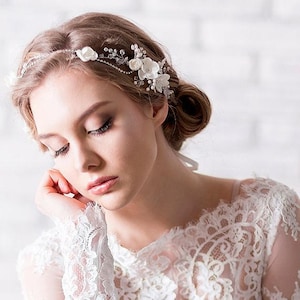 Bridal Headpiece Rhinestone Chain and Sakura Blossom Wedding Headband Rhinestone Bridal Hair Vine Hair Wreath Floral image 1