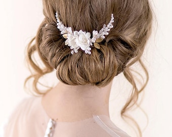 Veil Flower Hair Comb - Dahlia Flower Bridal Headpiece with Pearls - Wedding Hair Comb - Ivory, white