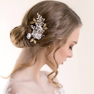 Gold Bridal Headpiece with Iris Flower Floral Wedding Hair Comb Wedding Hair Accessories Pearl and Crystal Head Piece image 1