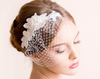 Lace Hair Piece with Small Birdcage Veil - Bridal Lace Hair Piece - Bridal Birdcage Veil with Lace - Pearl, Lace, Ivory