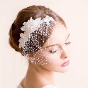 Lace Hair Piece with Small Birdcage Veil Bridal Lace Hair Piece Bridal Birdcage Veil with Lace Pearl, Lace, Ivory image 1
