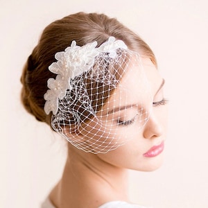 Lace Hair Piece with Small Birdcage Veil Bridal Lace Hair Piece Bridal Birdcage Veil with Lace Pearl, Lace, Ivory image 1