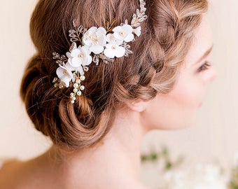 Bridal Hair Piece Cherry Blossom - Bridal Head Piece with Silk Flowers and Pearls - Wedding Hair Piece Floral - Flower Hair Comb