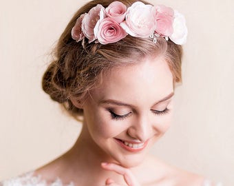 Bridal Flower Crown - Wedding Tiara Floral - Blush Pink Wedding Hair Accessories - Bridal Head Piece Flower Full