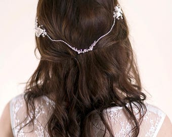 Rhinestone Headpiece with Lily Blooms - Bridal Floral Hairpiece - Draped Chain Accessory - Wedding Hair Jewellery