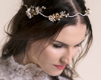 Floral Bridal Headpiece with Rhinestone and Brass details - Back bridal hair piece - Hair vine