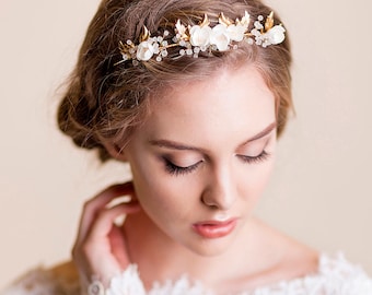 Bridal Tiara - Wedding Gold Tiara - Bridal Headpiece - Vine Leaves and Apple Blossom Headband - Wedding Crown