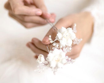 Floral Wedding Hair Pin - Bridal Hairpins - Natural Silk Floral & Pearl Hair Pins - Ivory Gardenia Flower Hair Pins  - Wedding Accessory
