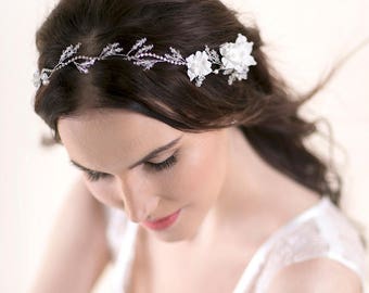 Crystal Hair Vine with Iris Flowers  and Rhinestone - Bridal Headpiece - Wedding Headband - Blush Pink Accessory