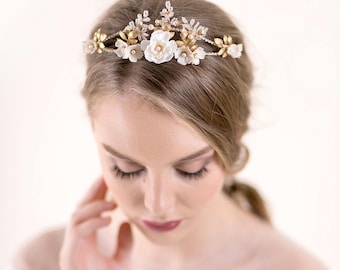 Floral Tiara Crown with Brass Leaves - Bridal Hair Crown - Wedding Tiara Silver or Gold - Statement Hair Accessory