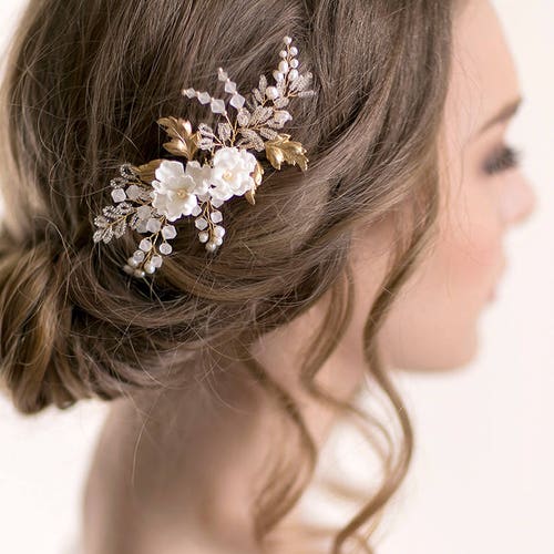 Floral Bridal Hair Comb with Natural Silk Flowers best and Swarovski crystal Bridal Hair Accessory Flower Wedding Headpiece Rose Gold Comb