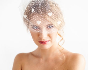 Double blusher veil with hearts - Bridal Birdcage Veil Double - Full Bridal Birdcage Veil - Ivory and White - Wedding Hair Accessories