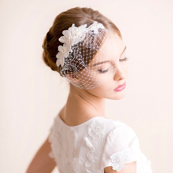 Ivory Lace Birdcage Veil – Hand Embroidered Bridal Hair  display picture 3