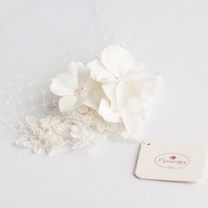 Small Birdcage Veil with Cherry Blossom in Ivory or White Bridal Hair Piece Wedding Hair Piece image 5