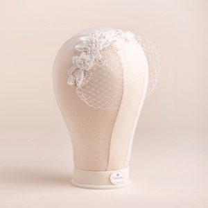 Lace Hair Piece with Small Birdcage Veil Bridal Lace Hair Piece Bridal Birdcage Veil with Lace Pearl, Lace, Ivory image 4